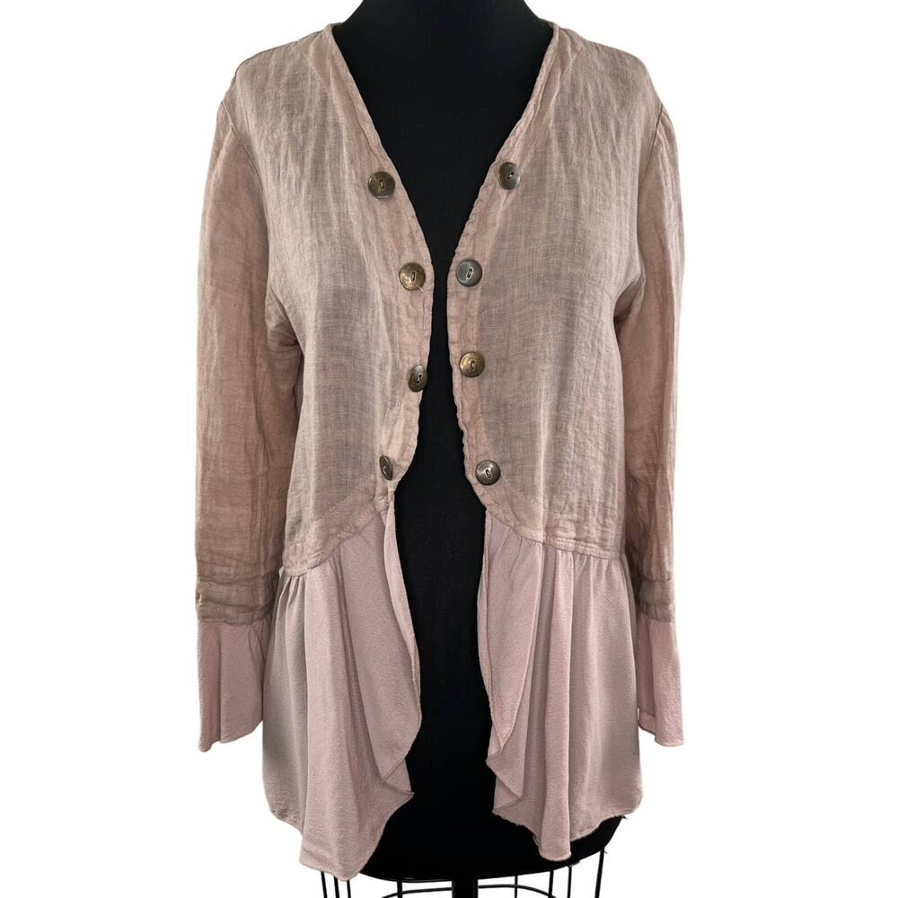 Made In Italy Nude Beige Long Sleeve Button-Down Ruffle Hem Cardigan Sweater M L